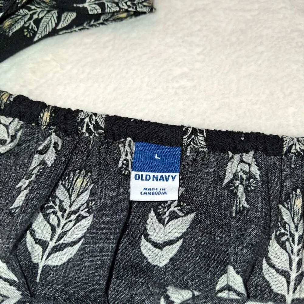 Old Navy Floral Blouse Sz L Puff Sleeve Flowy Tie Back Boho Coastal Neutral